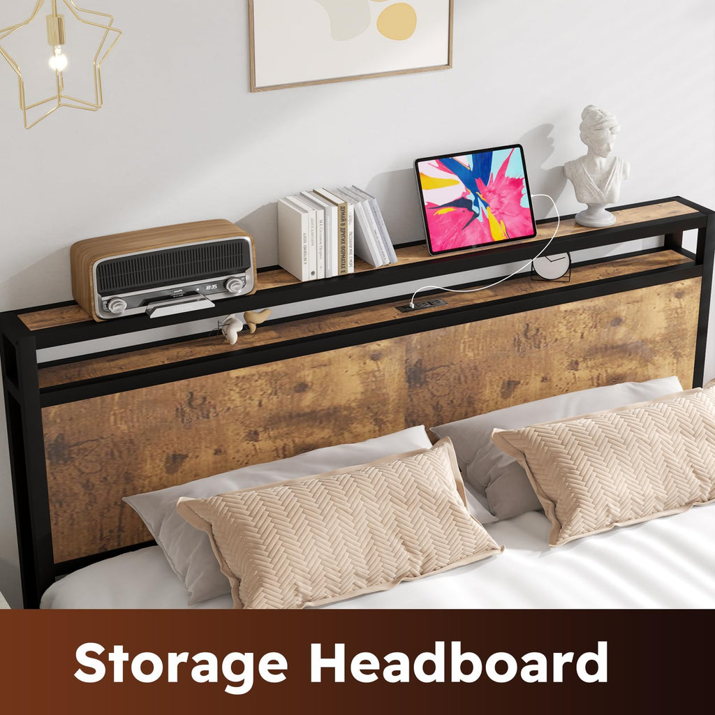 Bed Frame with Headboard Storage, Rustic Brown