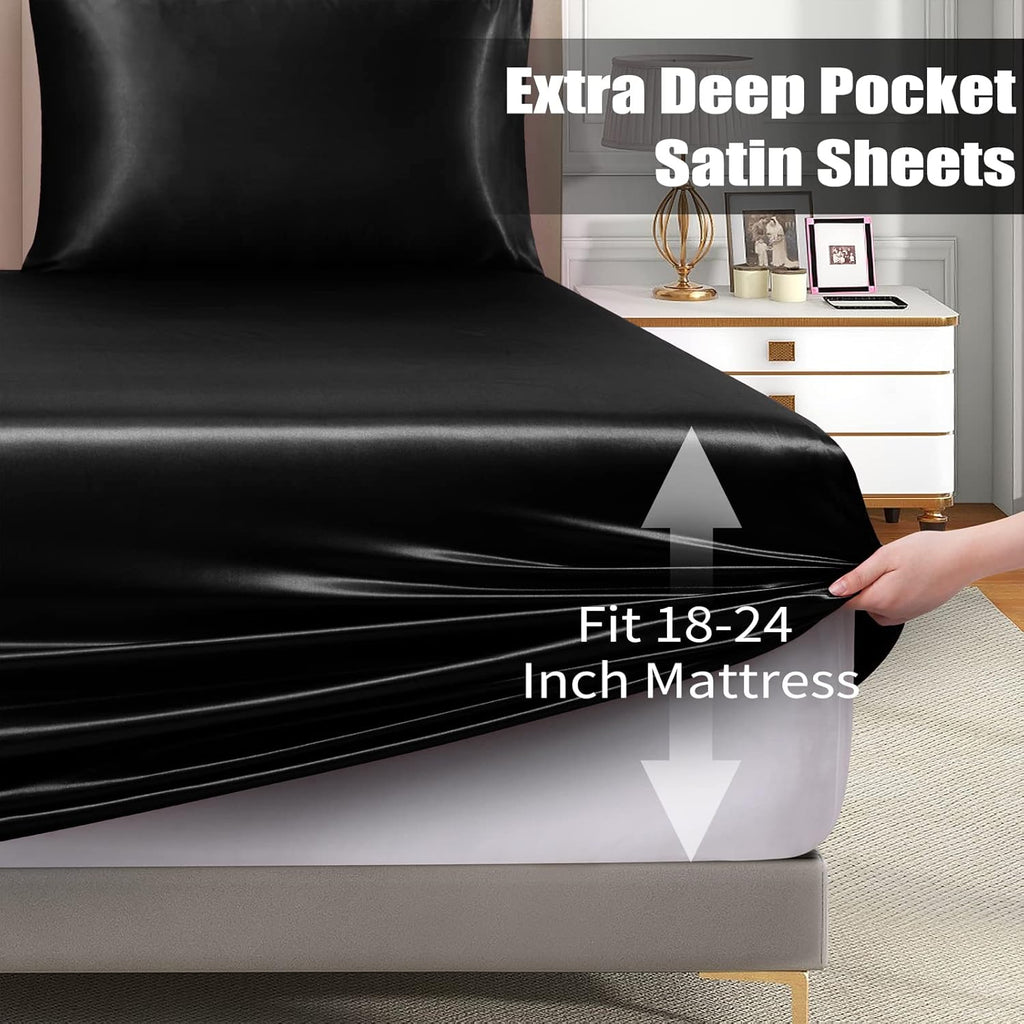 3pcs Extra Deep Pocket Satin Fitted Sheet Set King Bed Set, Black Bottom Sheet Fit 18-24 Inch Deep Pocket Mattress