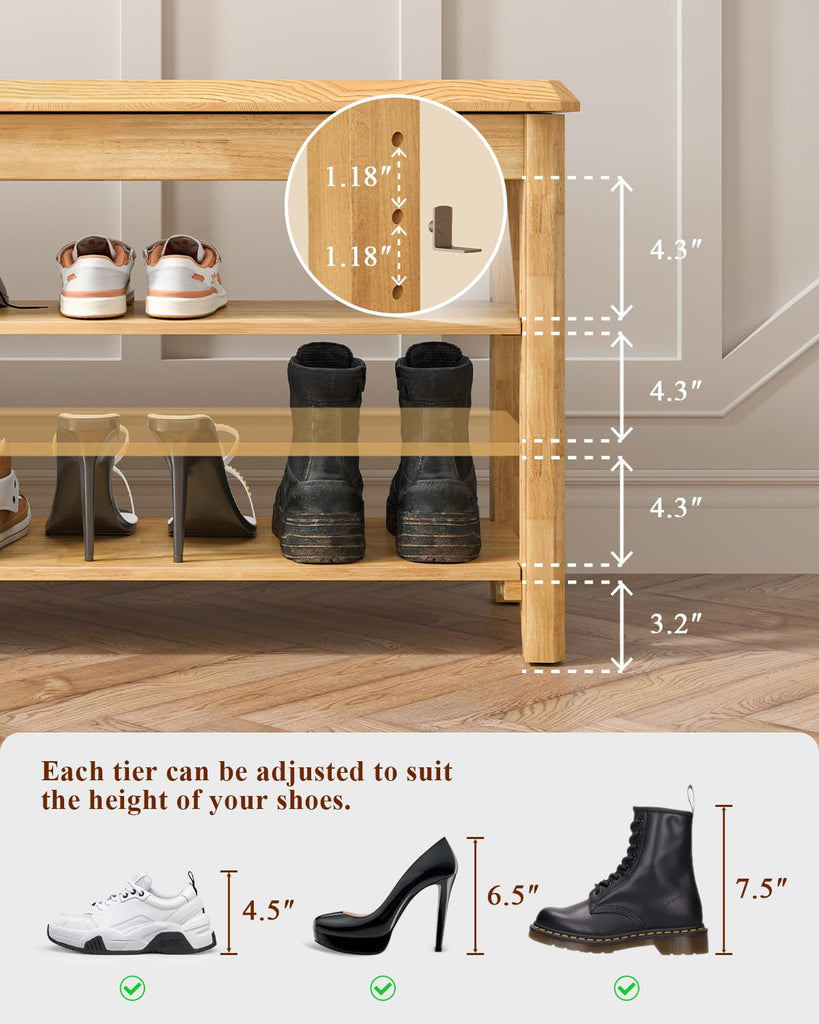 Shoe Rack Bench Seat Rubberwood 3-Tier Wooden Storage Bench 550lbs Compact Mid-Century Modern Design, Closet, Front