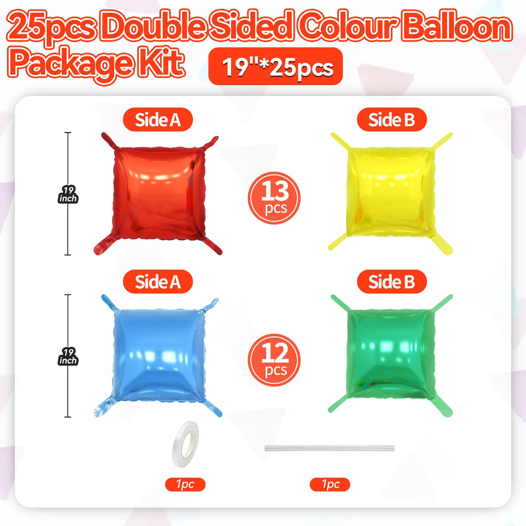 25PCS Red Yellow Blue Green Square Foil Balloons Wall Backdrop