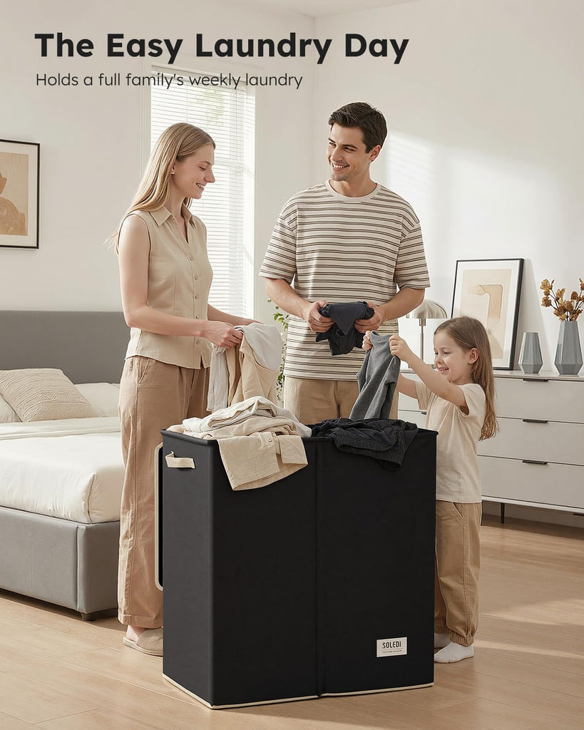 Large Double Laundry Hamper with Lid,165L Collapsible Clothes Hamper 2 section with Removable Bags, Space-Saving