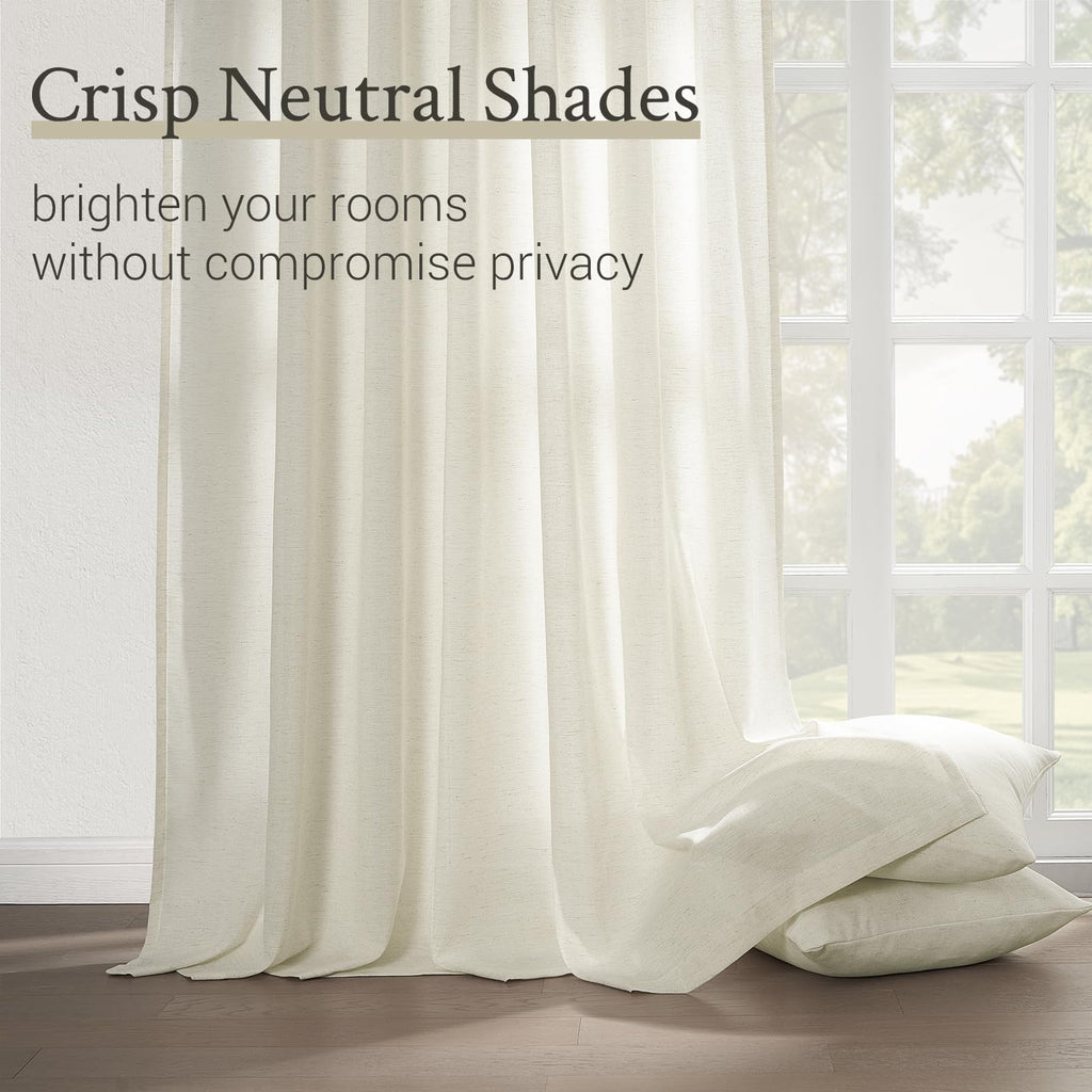 108 Inch Pinch Pleated Linen Curtains 2 Panels, Natural Semi Sheer Curtains with Pleated Hooks Back Tab for Track