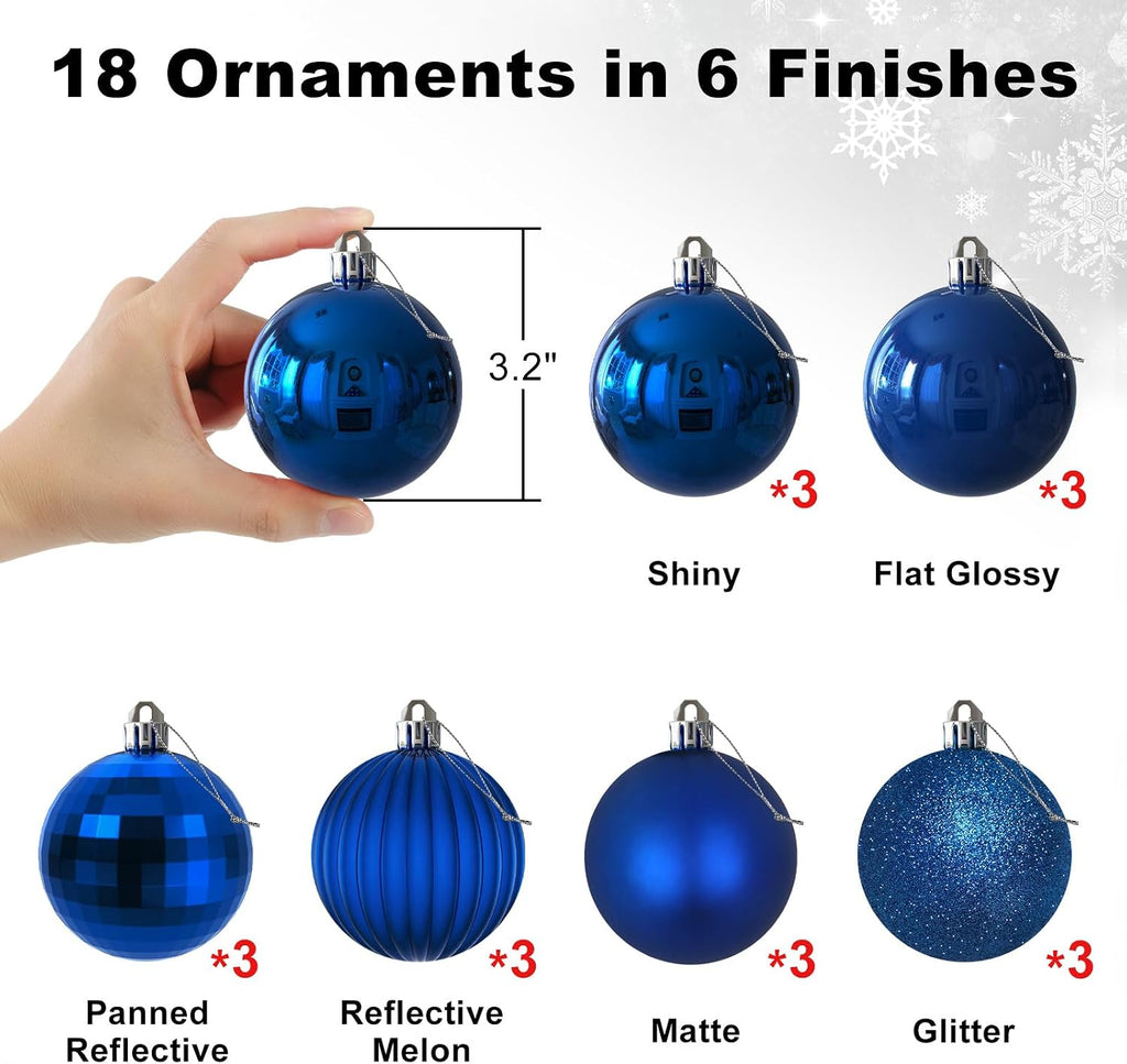 Royal Blue 3.2" Large Christmas Balls - Christmas Tree Decoration Ornaments Shatterproof Hanging Balls for Birthday - Set of 18
