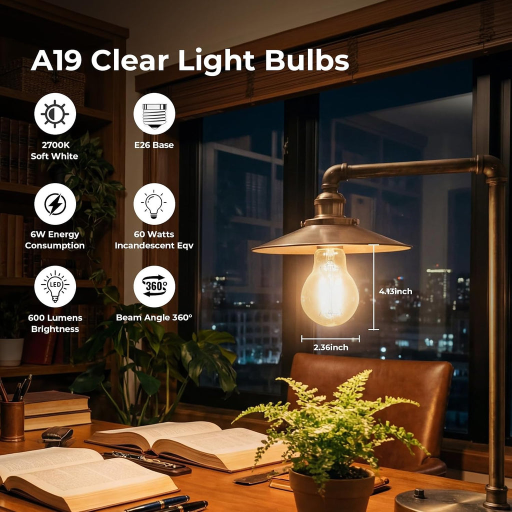 A19 E26 LED Light Bulbs 60 Watt Equivalent, Dimmable Edison Bulbs 2700K