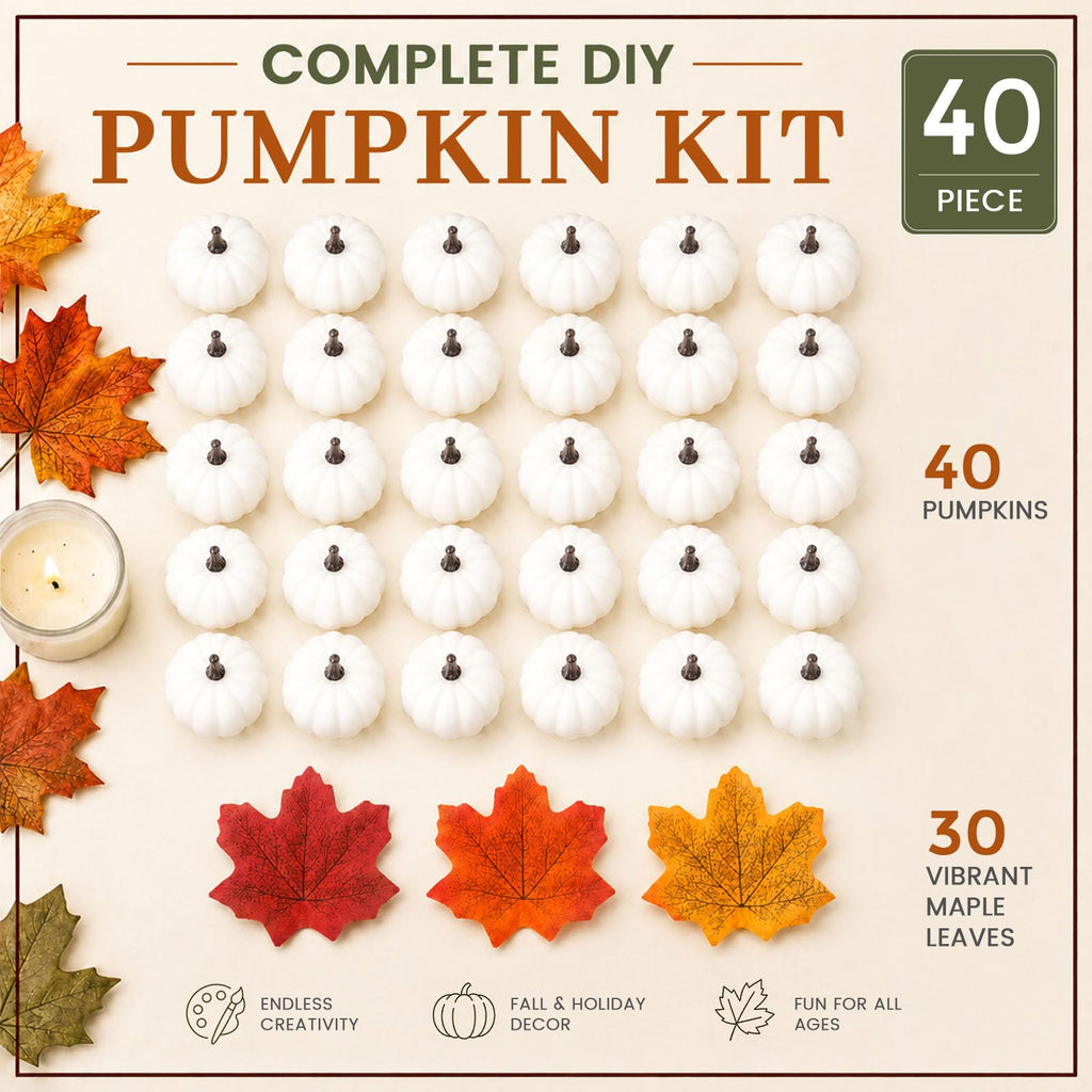 40 PCS White Fake Pumpkins, Mini Pumpkins with Maple Leaves