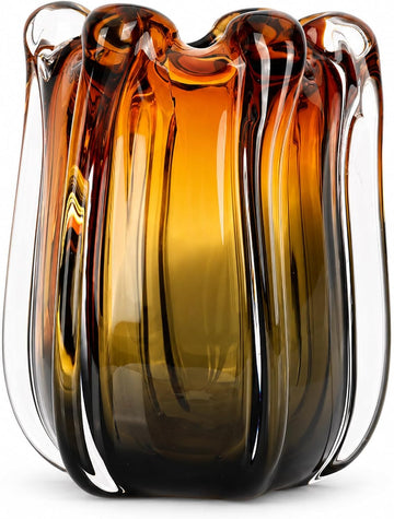 Amber Glass Vase for Flowers, Decorative Murano Art Glass, Wide Mouth Designer Glass Vase Decor, Blown Glass