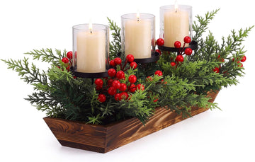 3 Pillar Christmas Candle Holder Centerpiece Norfolk Pine Decor