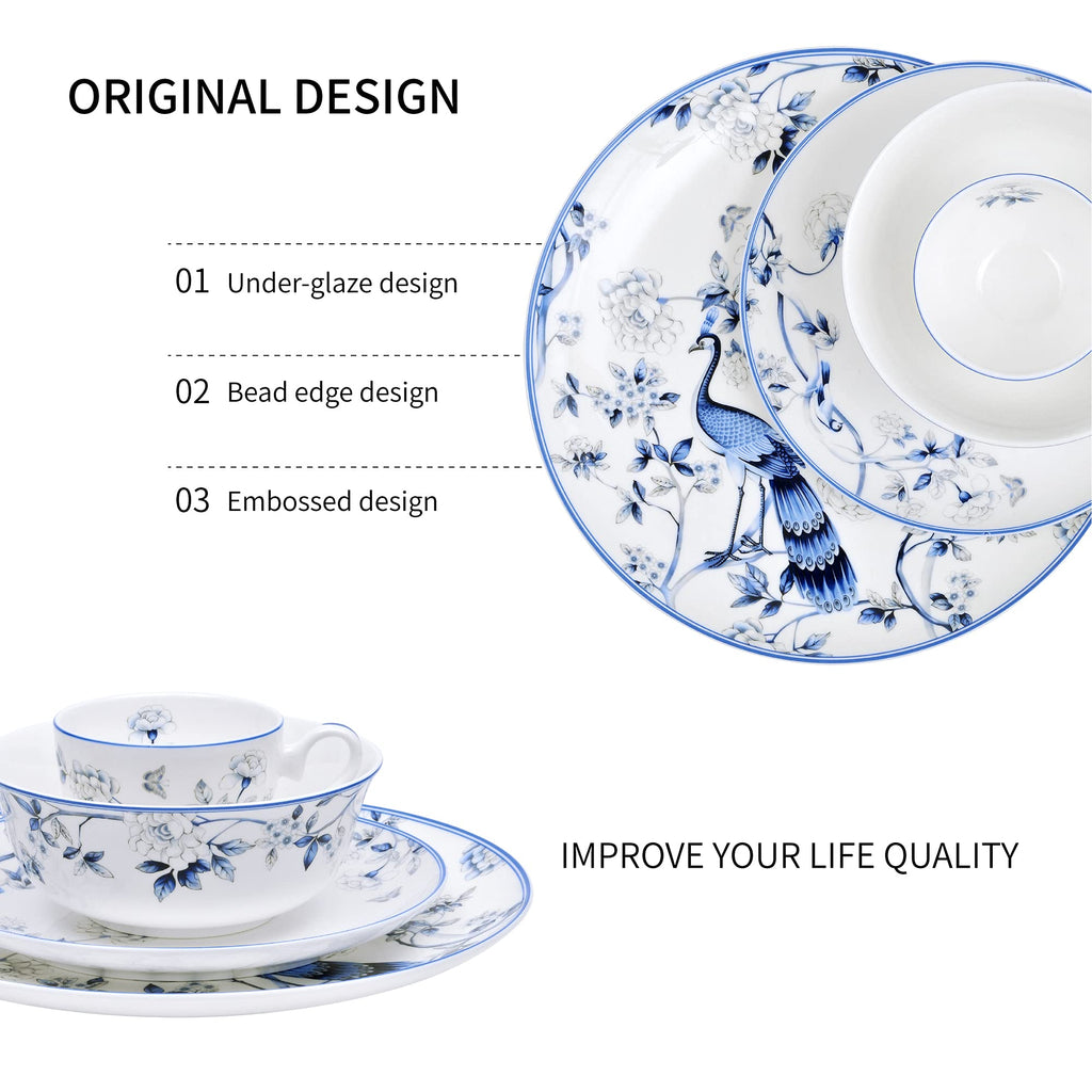 Fine Bone China 16PCS Dinnerware Set for 4, Bowls Plates Cups Set