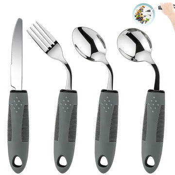 Adaptive Utensils for Elderly 4 Piece, 2.9 oz Weighted Silverware for Hand Tremors, 45°Angled Parkinsons Utensils for