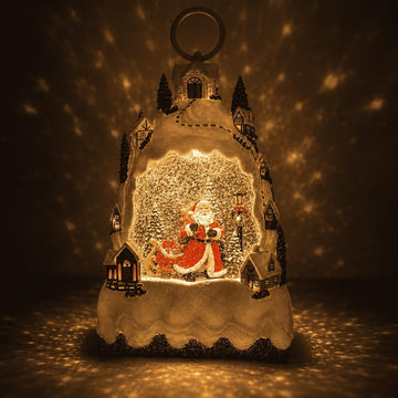 Christmas Snow Globe Lantern with 8 Songs, Santa Snow Mountain Water Globe with Swirling Silver Glitter, Warm Light