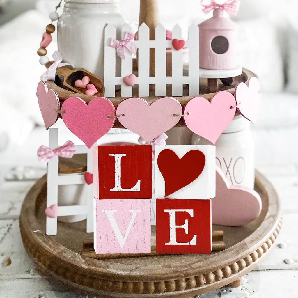 Valentines Day Decorations Love Signs, 3D Heart Wooden Sign Rustic Valentines Day Table Decor Farmhouse Tiered Tray - Set of 4