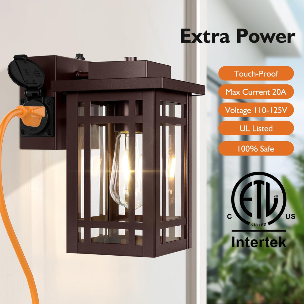 2-Pack Outdoor Porch Lights with Outlet, Dusk to Dawn Modern Outdoor Wall Lights Exterior Lighting Fixtures