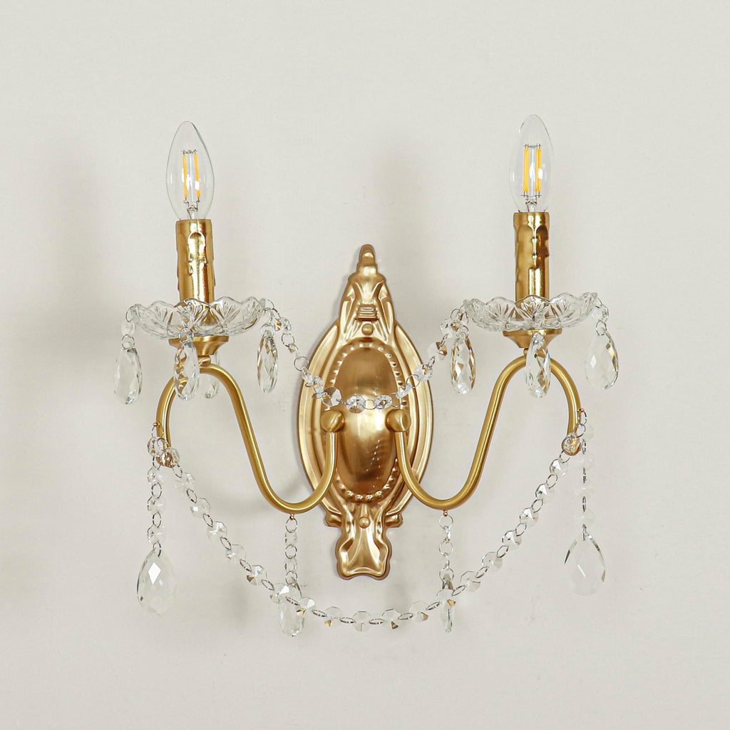 French Vintage Crystal Wall Sconce, Victorian 2-Light Gold Iron Finish, E12 Traditional Candle Style Wall Lamp Vanity