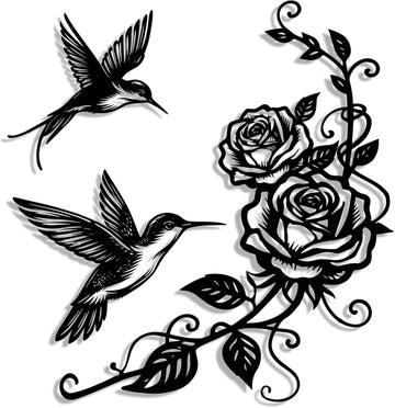 Flowers and Birds Metal Wall Art Black Hummingbird Rose for Modern Farmhouse Living Room Bedroom Bathroom - Set of 3