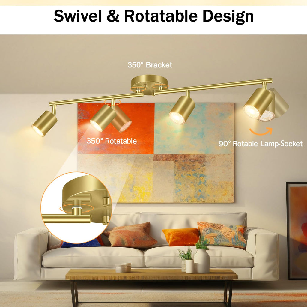 Gold LED 4 Light Track Lighting Kit, 4 Way Ceiling Spot Lighting, Flexibly Rotatable Light Head, Bulb Not Included