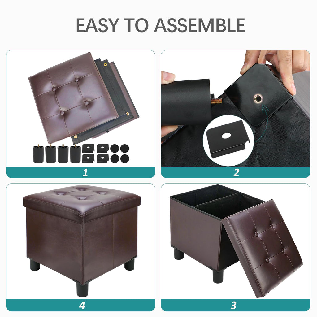 18 Inches Cube Storage Ottoman, Faux Leather Collapsible Square Folding Ottoman Furniture with Storage Bedroom, Foot