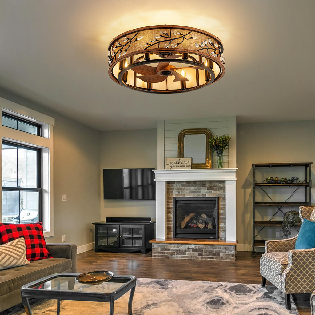 Low Profile Farmhouse Ceiling Fan with Light, 24" Rustic Flush Mount Ceiling Fans with Remote, Modern Caged Crystal