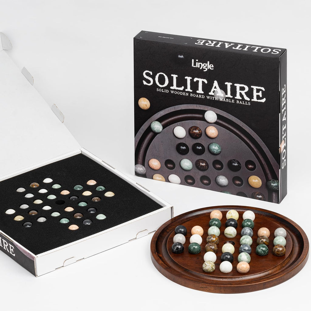 Deluxe Solitaire Game Set: 12.6'' Solid Wooden Board, 32 Natural Marble Balls, Single-Player Strategy and Smart Games