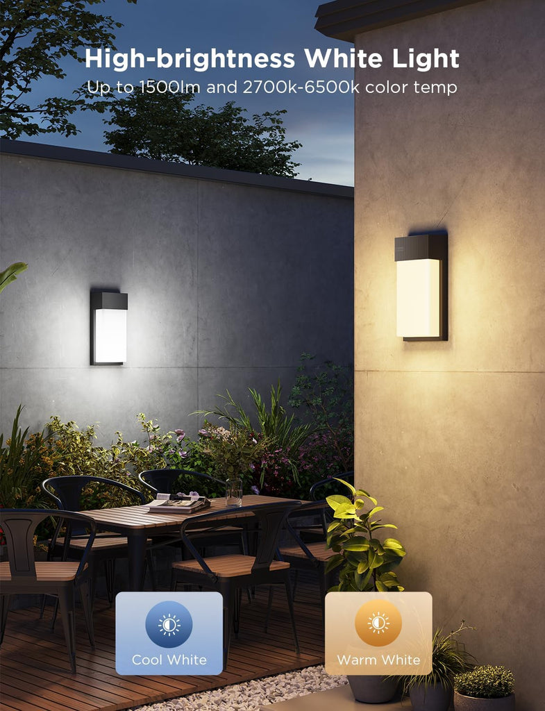Outdoor Wall Light, 2 Pack, 1500LM Smart RGBIC Porch Lights Outdoor with 45 Scene Modes