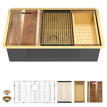 36"x19" Brushed Gold Undermount Kitchen Sink Ledge Workstation