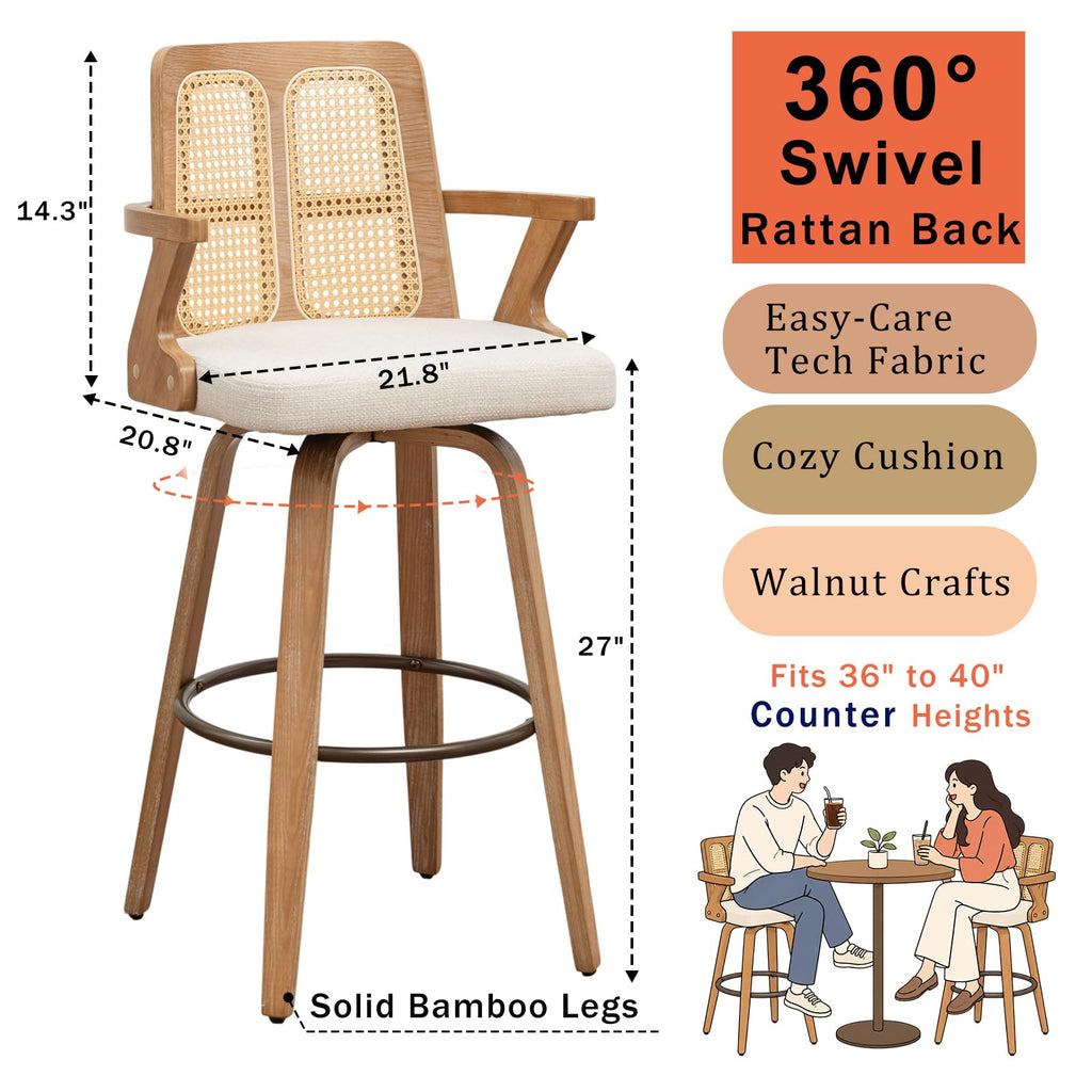 Swivel Counter Height Bar Stools, Walnut Counter Stools with Cane Back