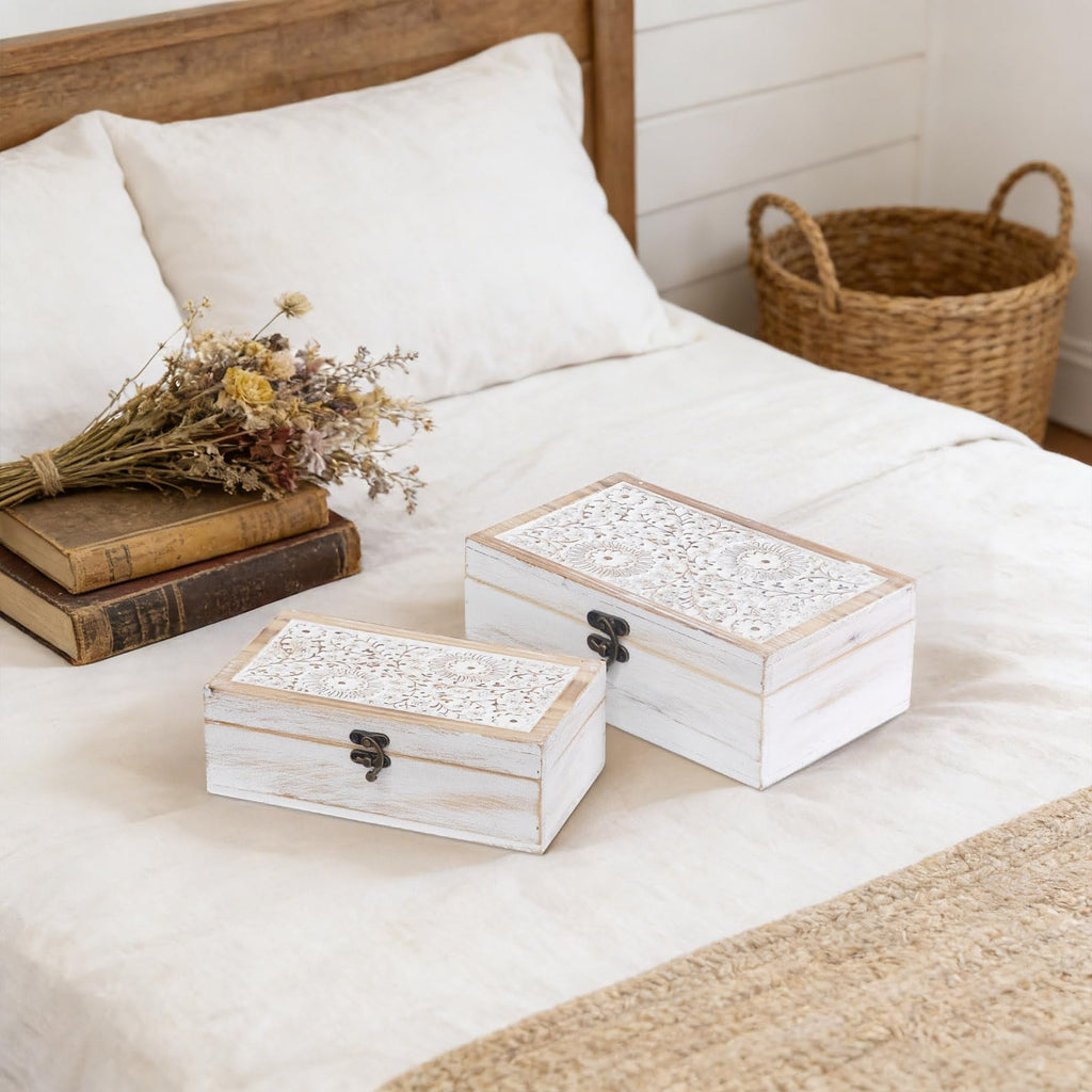Rustic Farmhouse Decorative Wooden Boxes, Set of 2 Keepsake Box Decorative Boxes with Hinged Lid and Floral Carved