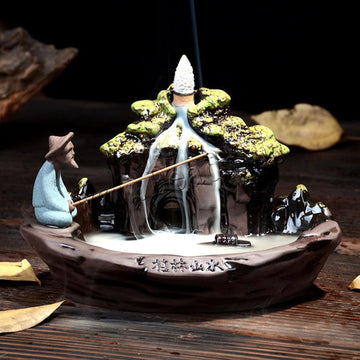 Guilin Landscape Backflow Incense Burner, Handmade Ceramic Waterfall Incense Stick Cone Holder with Incense - Set of 20