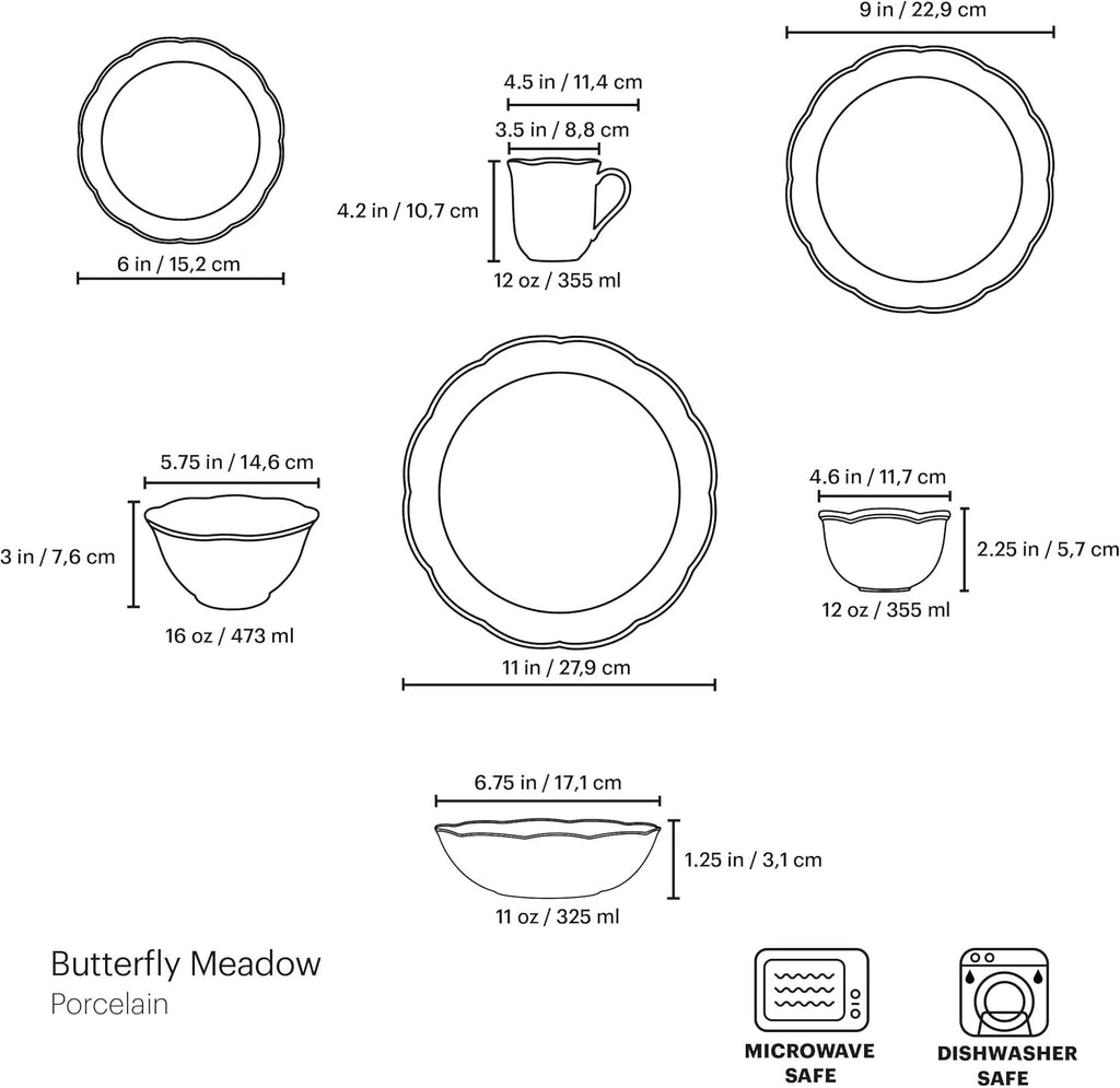 Dinnerware Set, Butterfly Meadow 28-Piece Set, Service For 4, Porcelain Plates With Scalloped Edges