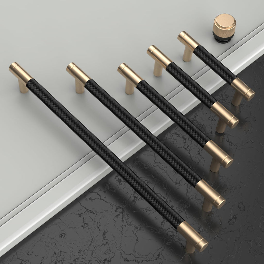 6 Pack 5 Inch(128mm) Matte Black and Champagne Bronze Cabinet Pulls Knurled Cabinet Handles Cupboard Handles Kitchen
