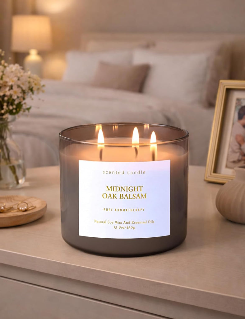 Midnight Oak Balsam 3-Wick Scented Candle, Large Woodsy Soy Candle 15.8 oz
