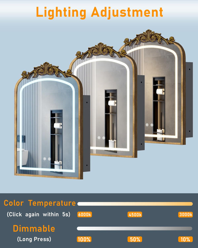 20"x30" LED Bathroom Medicine Cabinet with Mirror and Lights, Bronze Hand-Painted Baroque Bathroom Storage with