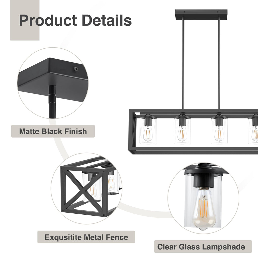 Farmhouse Dining Room Light Fixture - 4 Light Kitchen Island Lighting with Adjustable Height & Thickened Metal Dining