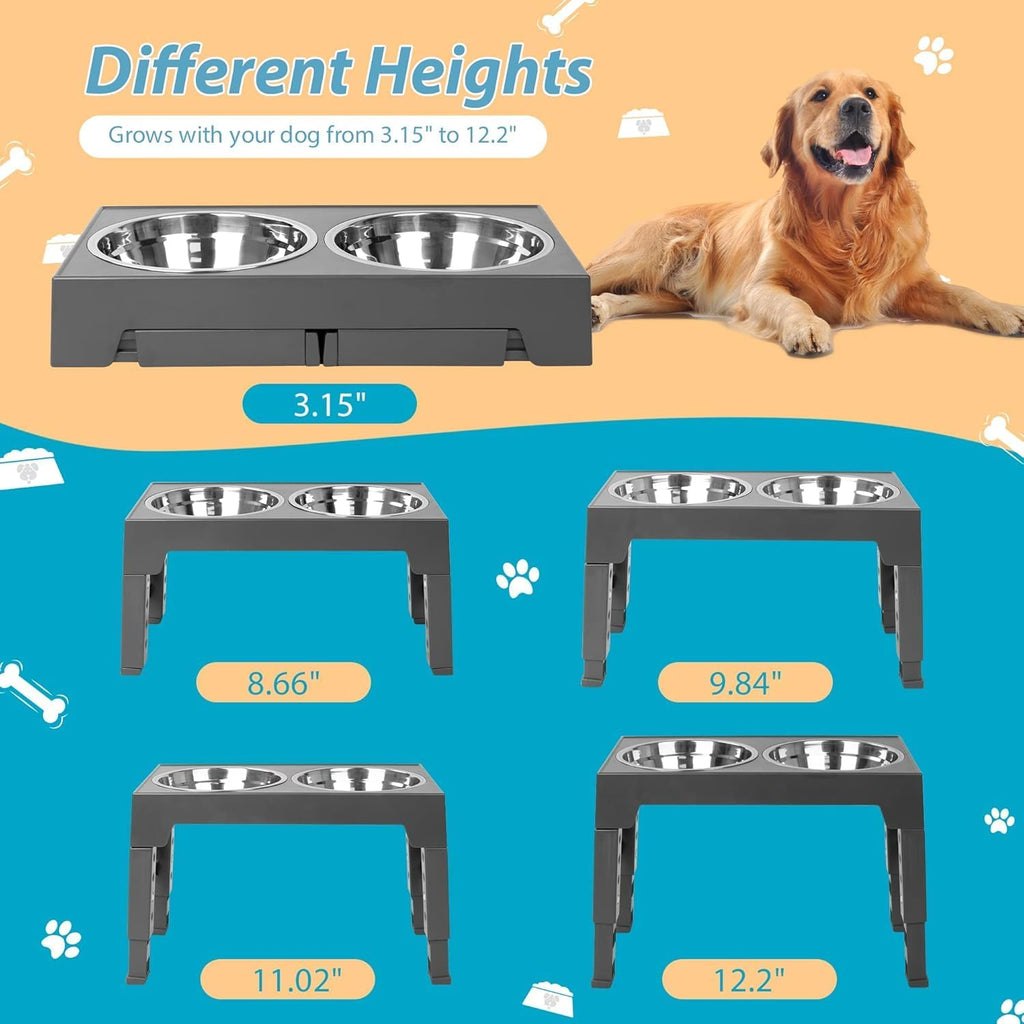 Elevated Dog Bowls with 2 Stainless Steel Dog Food Bowls, Raised Dog Bowl Adjusts to 5 Heights (3.15", 8.66"