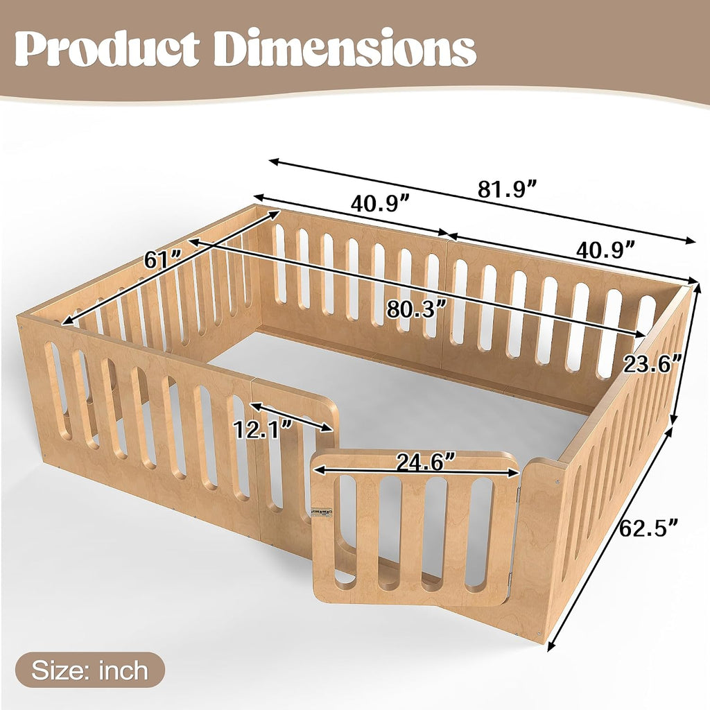 Wood Montessori Floor Bed Frame with High Fence, Natural