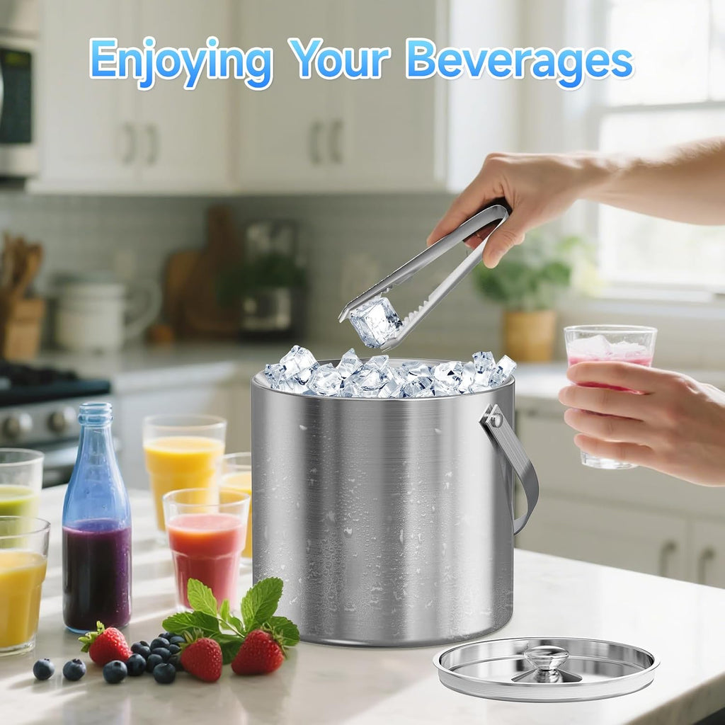 Ice Bucket, Ice Bucket with Lid Ice Tong Ice Scoop and Strainer for Cocktail Parties 3L Stainless Steel Insulated Ice