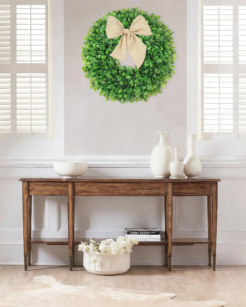 20 Inch Faux Round Boxwood Wreath, Weatherproof Wreaths for Front Door, Artificial Spring Summer Greenery Wreath