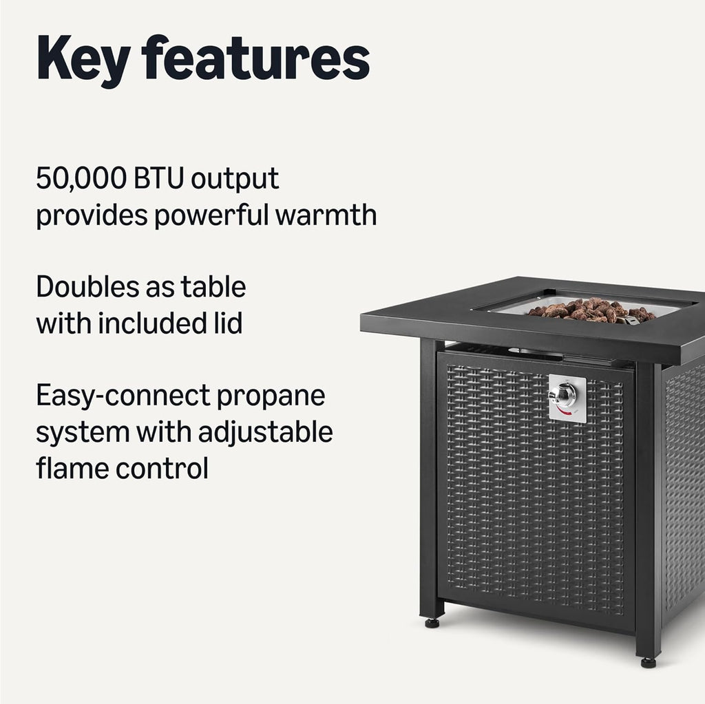 Fire Table, 50,000 BTU, 28" D x 28" W x 25" H, Black, 1 Pack