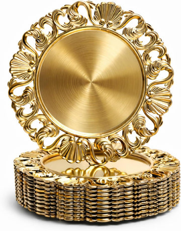 13in Charger Plates- Antique Gold Chargers for Dinner Plates- Round Plastic Hollowed Plate Charger - Set of 12