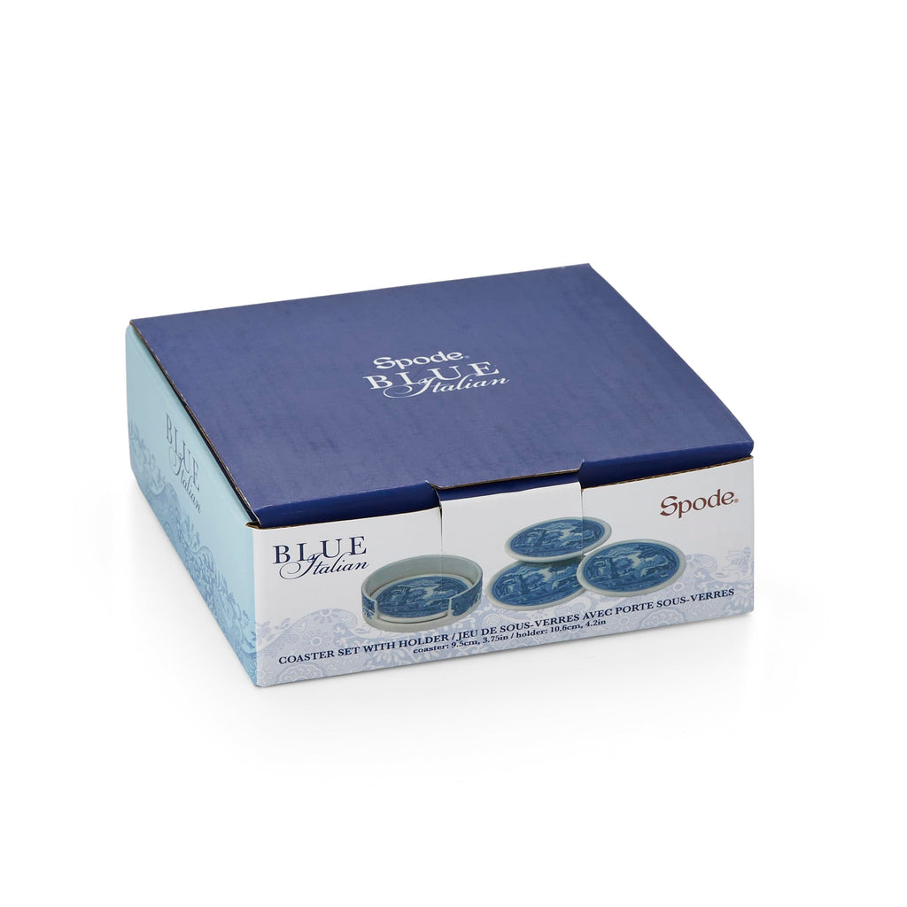 Blue Italian Ceramic Coaster Set, 4 Piece, with Holder
