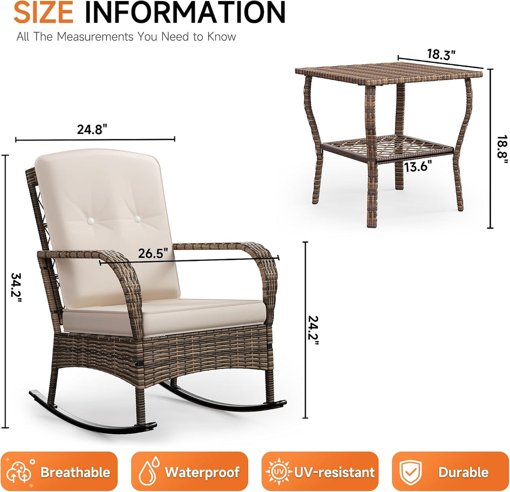 3-Piece Wicker Rocking Bistro Set, Outdoor Rattan Chairs | Rattan Table Design | Cushioned Rocking Chairs | Outdoor