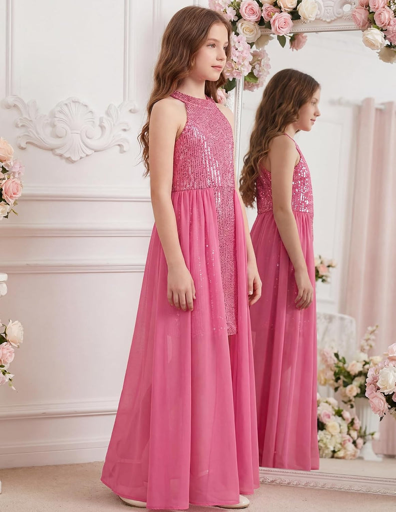 Girls Halter Neck Sequin Dress Kids Fancy Formal Party Christmas Sparkly Pageant Birthday Dresses
