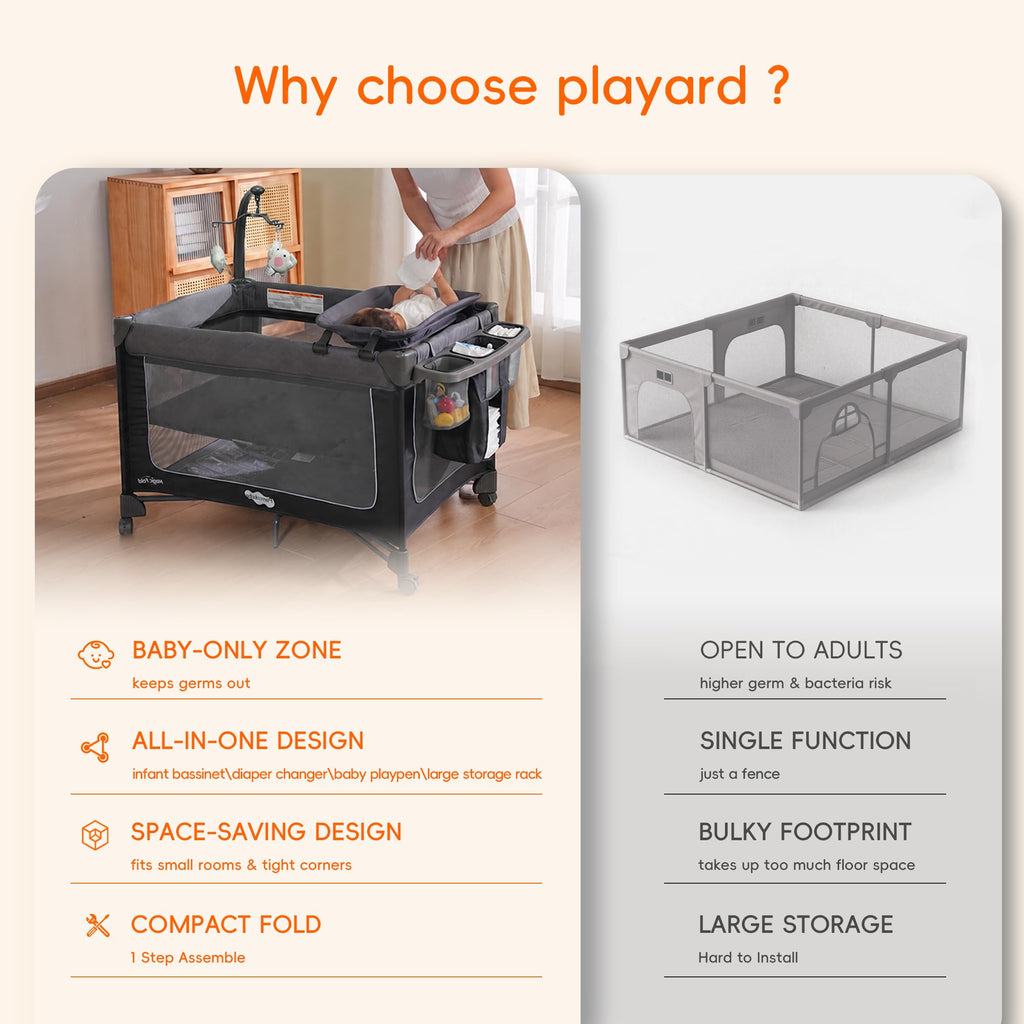 Play Yard with Bassinet Magic Fold Playard 1 Step Set Foldable Playpen Baby Playard with Changing Table Portable