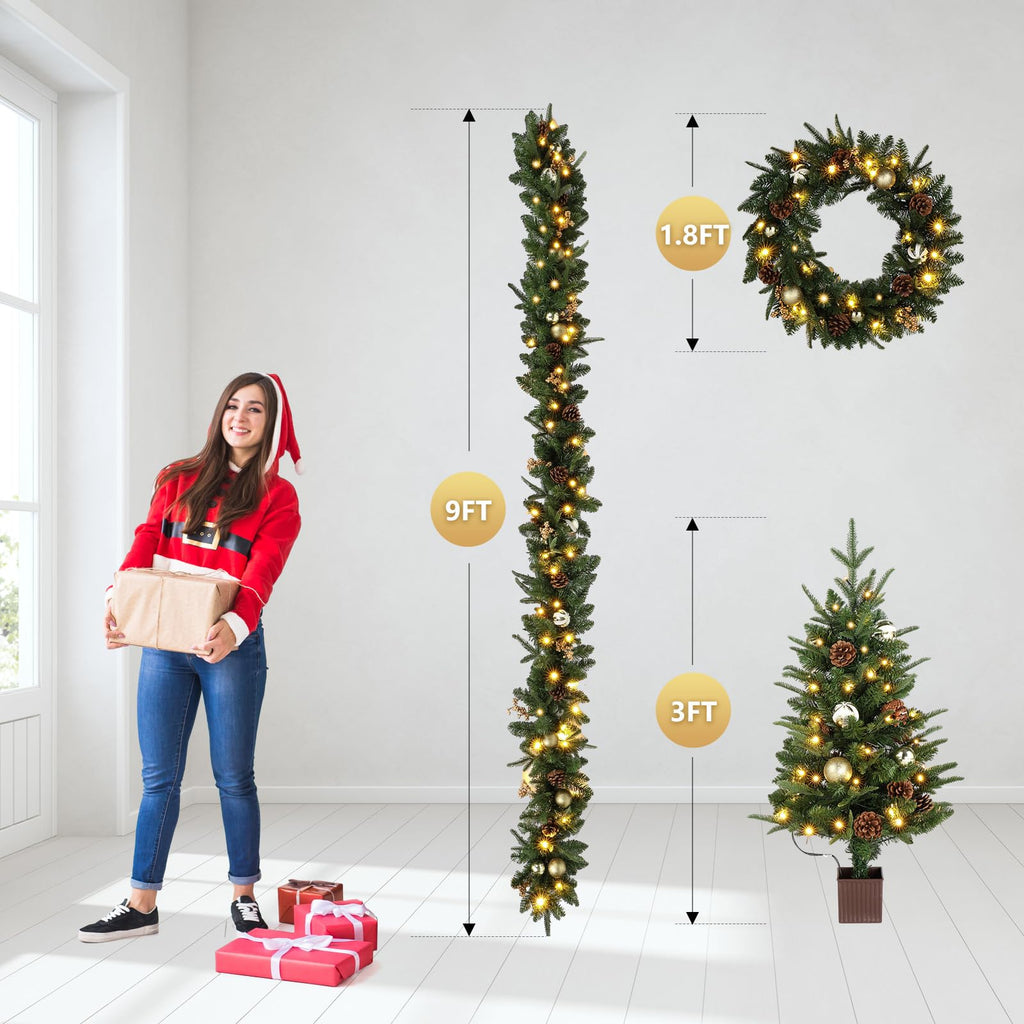 Pre-lit 5-Piece Set Christmas Tree with LED Lights, Christmas Garlands, Wreath and Set of 2 Entrance Trees Artificial