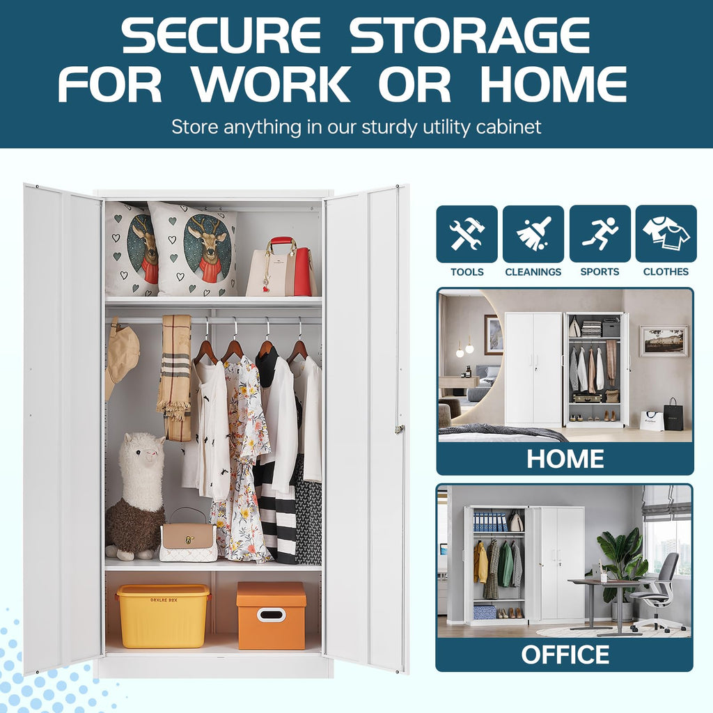 Metal Clothing Storage Locker, Steel Wardrobe Cabinets with Shelves and Hanging Rod, 72" Large Storage Locker Closet