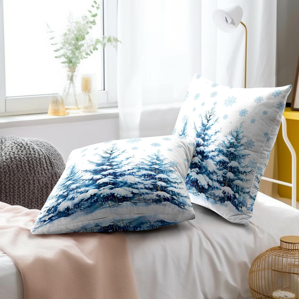 Snow Pine Trees Pillow Covers Set of 2 - Winter Snowflake Xmas Tree Blue White Throw Pillow Covers Couch Christmas