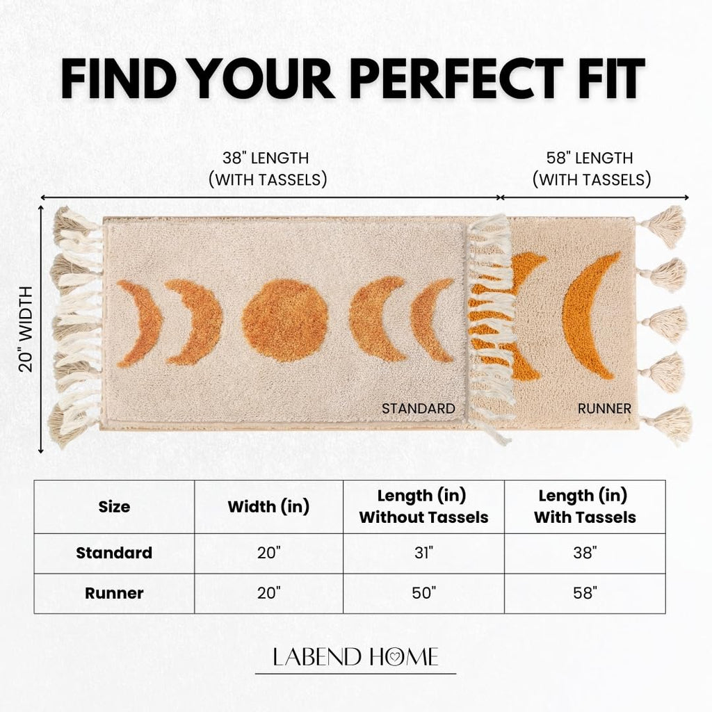 Moon Phase Boho Bathroom Runner - Soft Washable Bath Mat with Tassels - Non-Slip Microfiber - Orange Beige - 20x58 in