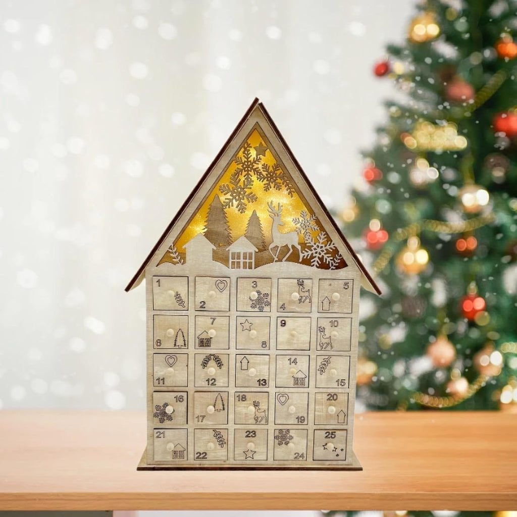2024 Wooden Advent Calendar with 25 Drawers and Lights for Holiday Celebrations