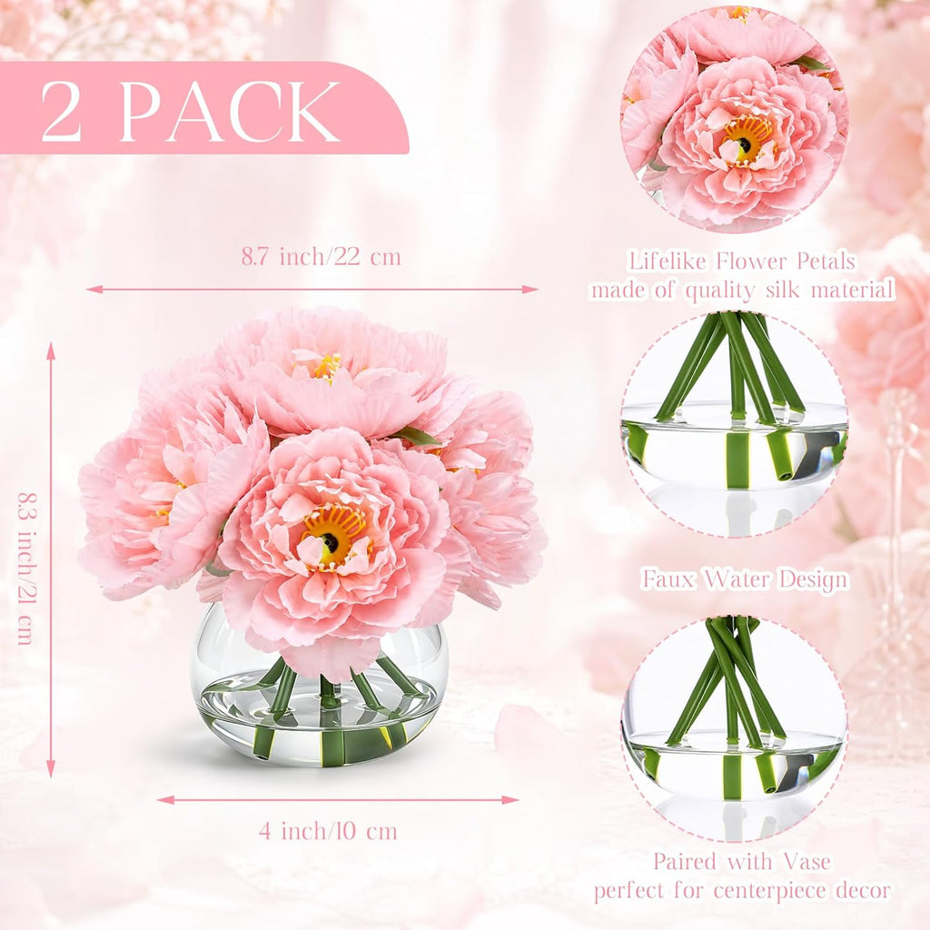 Pink Peonies Faux Flowers in Vase, Silk with Faux Water - Set of 2