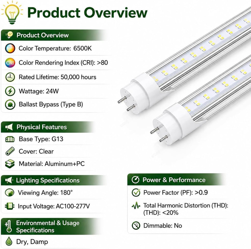 T8 4FT LED Type B Ballast Bypass Tube Light 2 Pin 24W 6500K (25 Pack)