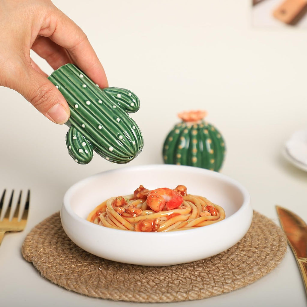 Ceramic Cactus Shape Salt & Pepper Shakers Set, Hand-Painted Cactus Salt and Pepper Shakers, Set - Set of 2